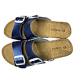 Красиві блакитні шльопанці inblu на літо з перламутровим відблиском модні босоніжки з ремінцями та білими пряжками, фото 3