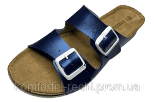 Красиві темно-блакитні шльопанці Inblu на літо з перламутровим відблиском, модні фірмові нові брендові босоніжки з ремінцями та білими пряжками