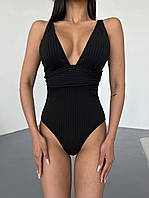 Красивый женский черный слитный купальник с глубоким декольте, Стильный сдельный однотонный купальник пландж S