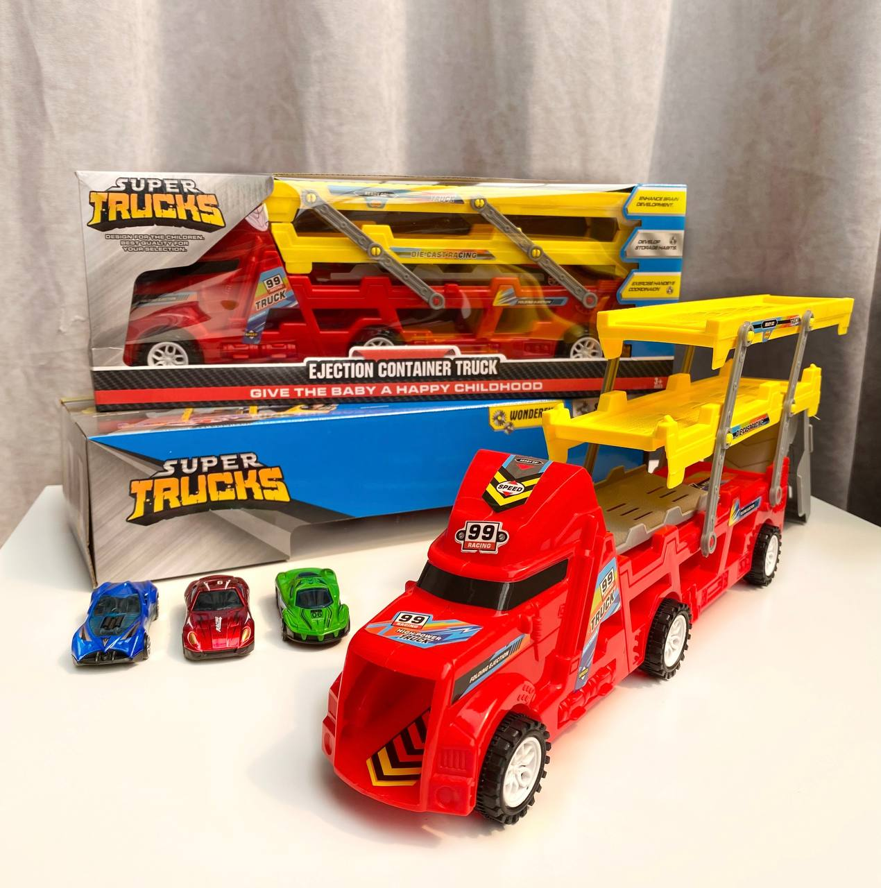 Набір машинок автовоз 038-4A трейлер з машинками 3 шт Червоно-жовтий, фото 1