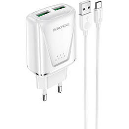 Зарядний пристрій BOROFONE BA54A Wide road dual port QC 3.0 charger (Type-C) White (BA54ACW)