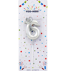 Свічки - цифри у торт з короною "6", висота - 5 см, колір - срібло металік