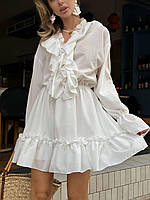 Молочное женское романтичное легкое короткое платье на длинный рукав из креп-шифона с двойной юбкой с рюшами