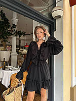 Черное женское романтичное легкое короткое платье на длинный рукав из креп-шифона с двойной юбкой с рюшами