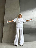 Белый женский базовый однотонный прогулочный костюм-двойка из двунитки: Свободные Брюки и Футболка оверсайз