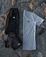 Чоловічий літній костюм Adidas сірий шорти та футболка та барсетка, Сірий спортивний комплект Адідас на літо