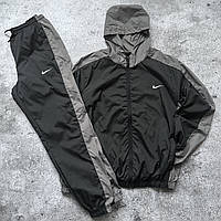 Спортивный костюм мужской Nike весна-осень комплектом (ветровка + штаны) из плащевки черный. Живое фото