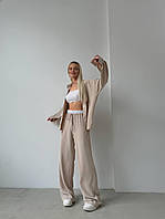 Бежевий жіночий легкий костюм-двійка з американського крепу: Сорочка і вільні Штани з кишенями