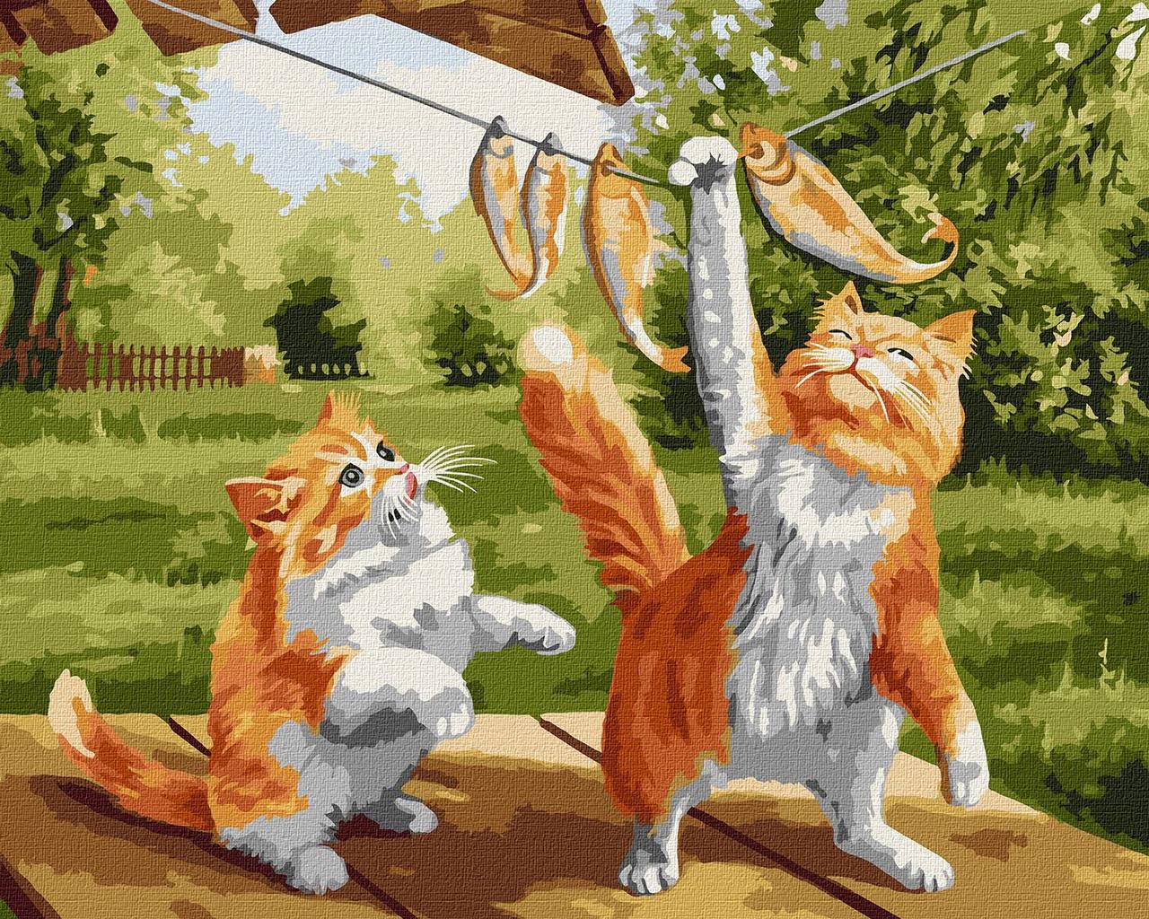 Картина за номерами Гарний улов - котики з рибою. Тварини 40*50 см Ідейка KHO 6512