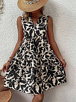 Легка жіноча біла літня сукня із завищеною талією вільного крою із софту Чорний Рослинний Принт
