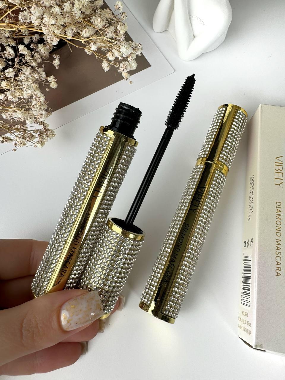 Водостійка туш для вій з силіконовою щіточкою, тюбик зі стразами, VIBELY Diamond, фото 1