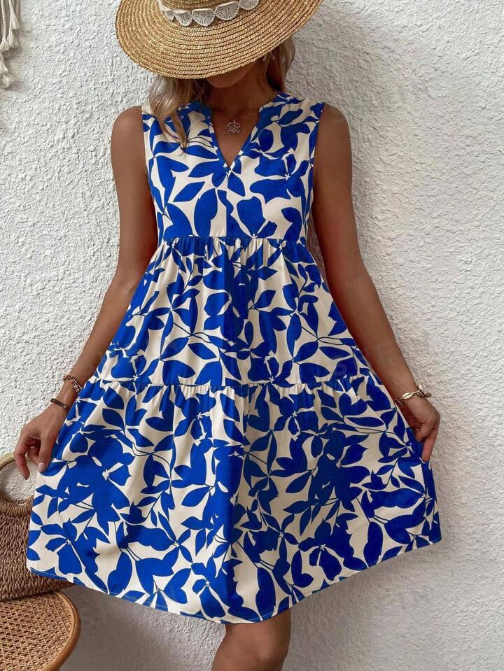 Легка жіноча біла літня сукня із завищеною талією вільного крою із софту Синій Рослинний Принт