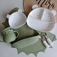 Комплект детской силиконовой посуды для малышей Белый мишка оливка