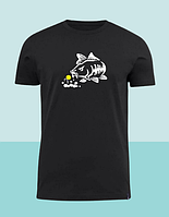Бавовняна  футболка чорна  з принтом  для рибака, рибальська футболка