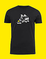 Бавовняна футболка чорна з принтом для рибака, рибальська футболка