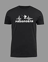 Бавовняна футболка з принтом для рибака чорна, подарункова футболка