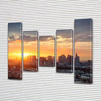 Картина модульная Восход солнца в большом городе, на Холсте син., 80x100 см, (80x18-2/55х18-2/40x18)