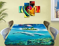 Виниловая наклейка на стол Дельфины и Остров декоративная пленка с ламинацией аквариум, голубой 60 х 100 см