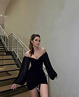 Жіноче вечірнє романтичне міні плаття рукава волани чорне