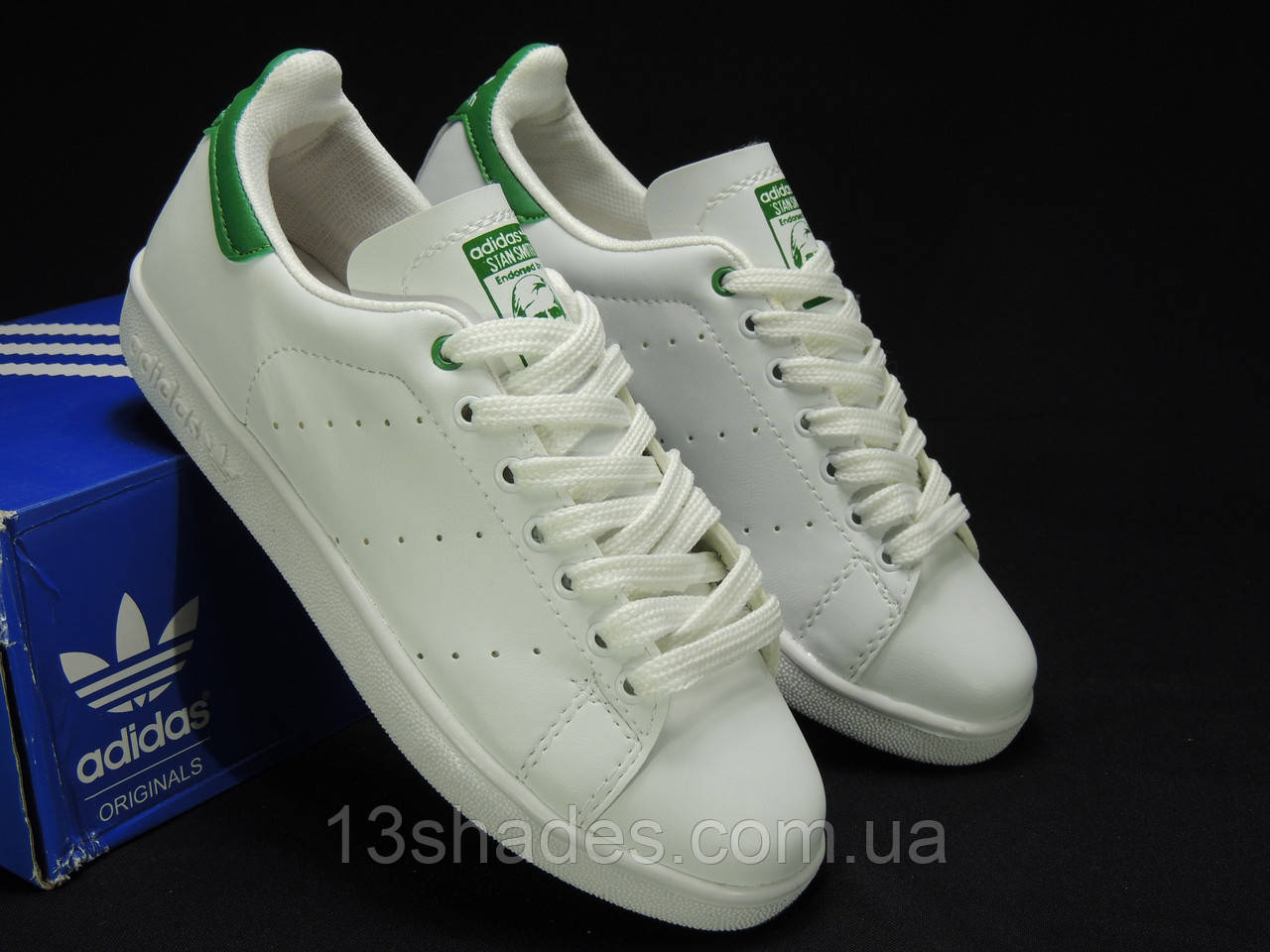 Кросівки жіночі білі stan smith Adidas із зеленими вставками, фото 1