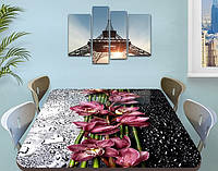 Наклейка на стол Бордовые Орхидеи и капли росы инь-янь, самоклеющаяся пленка декор, цветы, черный 60 х 100 см
