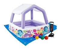 Детский надувной бассейн с навесом Intex 57470-2 "Аквариум" в комплекте шарики 10 штук подстилка и насос