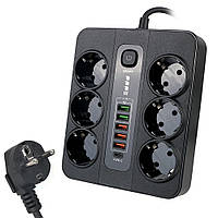 Мережевий фільтр BKL-11EU на 6 розеток + 3 USB + 2 USB IQ + Type C 3000 Вт кабель на 2 м Black