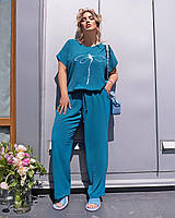 Летний женский костюм футболка блузка и брюки модный из жатки бирюза 50-52 54-56 58-60 62-64