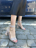Женские замшевые босоножки на каблуке Purlina бежевые 37 размер ( 23,5 см)