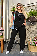 Летний женский костюм футболка блузка и брюки модный из жатки черный 50-52 54-56 58-60 62-64