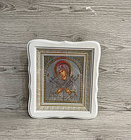 Семистрельная икона Пресвятой Богородицы в белом деревянном киоте под стеклом