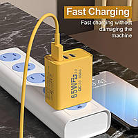 Адаптер для зарядки телефона AR-PD05 с USB и 2 Type-C, 65W Fast charger Желтый, зарядное для телефона
