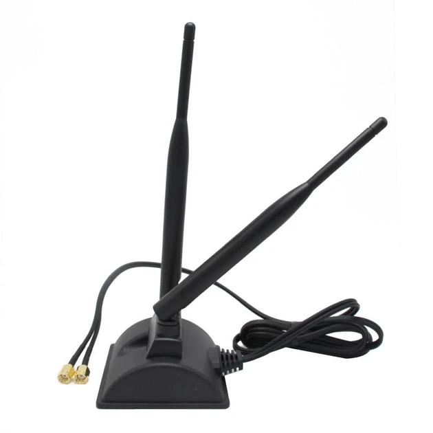 Антена виносна спарена WiFi 2.4-5.8 GHz 6dBi RP SMA Male, на підставці з магнітом, для роутерів, модемів, фото 1