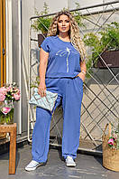 Летний женский костюм футболка блузка и брюки модный из жатки джинс 50-52 54-56 58-60 62-64