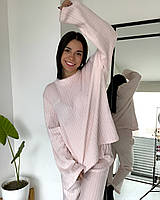 Тепла жіноча піжама стильна зимова комфортна ОverSize ніжний спальний комплект штани та кофта пудра KU-22