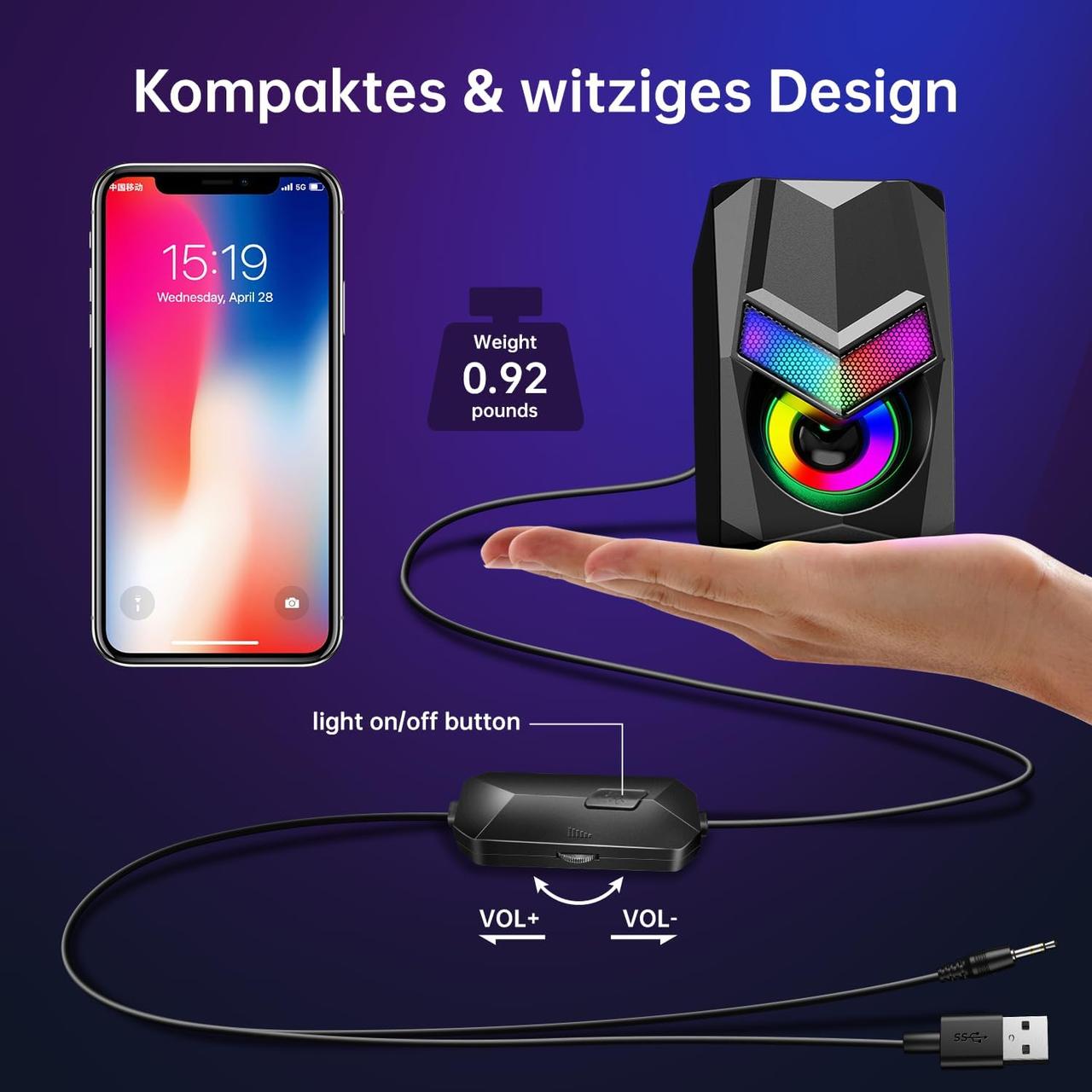 Набір динаміків Uythumidid для ПК, динамік для ігрового монітора Mini RGB для ПК, 2.0 з живленням від USB, невеликий комп'ютерний, фото 1
