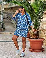 Повседневная женская синяя туника-сарафан вышитым узором и карманами
