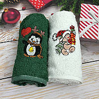 Набор махровых кухонных полотенец Турция Новый год Мишка с подарками Пингвин 13938 30х50 см 2 шт