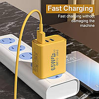 Адаптер для зарядки телефона AR-PD05 с USB и 2 Type-C, 65W Fast charger Желтый, зарядное для телефона (TI)