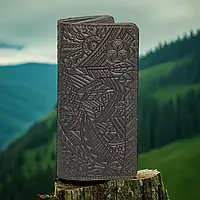 Длинный кошелек из натуральной кожи с авторским тисненым орнаментом 'Карпаты' черный