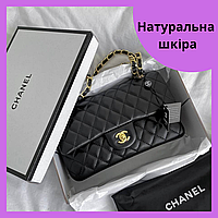 Женская сумка клатч Chanel 25 см натуральная кожа черного цвета на цепочке Шанель