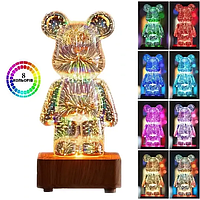 3D ночник стеклянный с эффектом фейерверка в виде мишки RGB Bearbrick LED Светильник-лампа на 8 цветов pkd