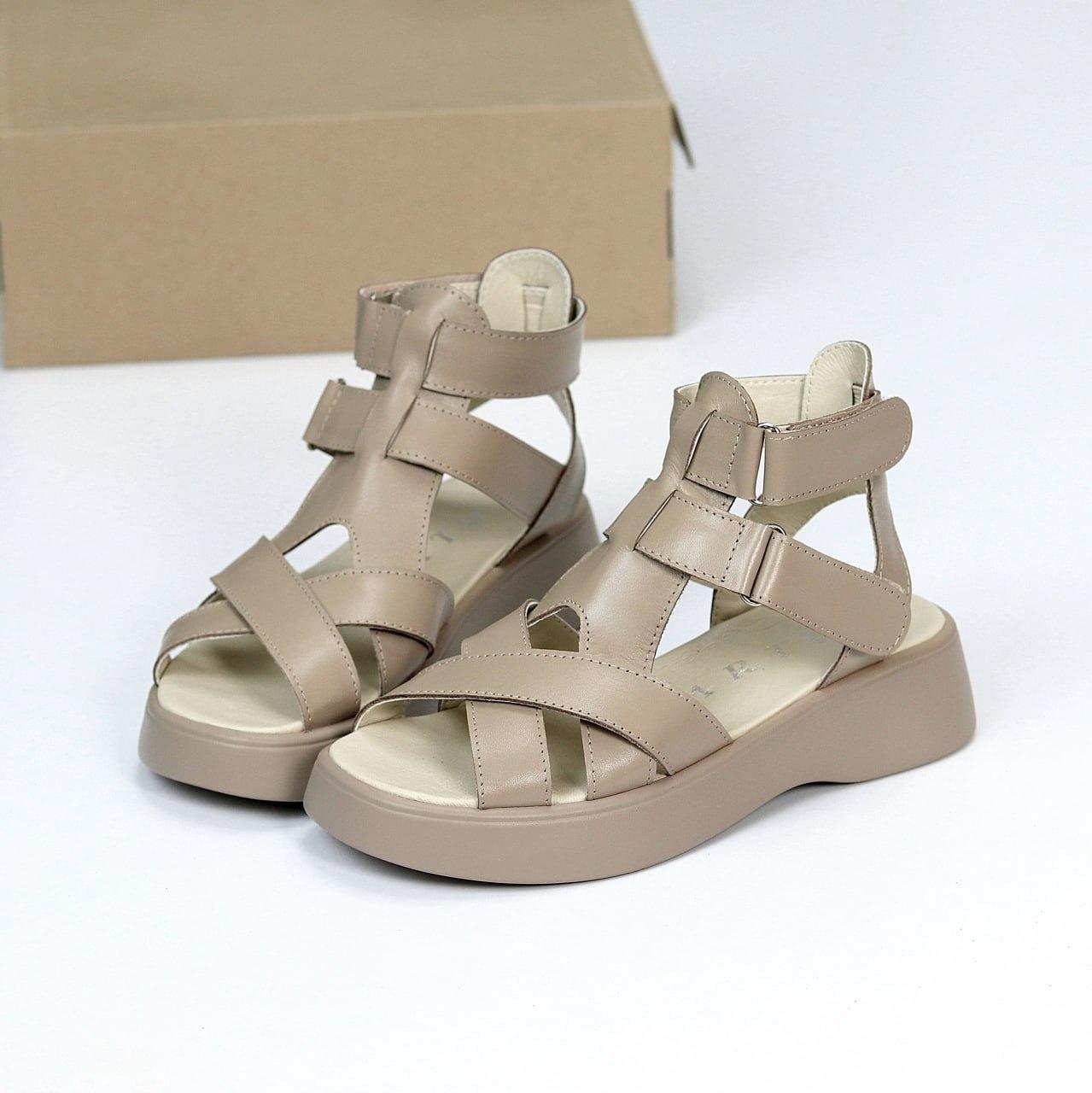 Жіночі шкіряні босоніжки черевики високі бежеві натуральна шкіра