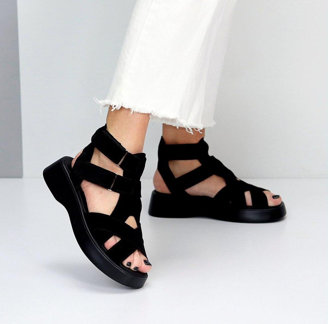 Жіночі замшеві босоніжки черевики високі чорні натуральна замша, фото 1