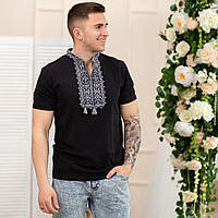 Мужская вышиванка футболка с вышивкой с коротким рукавом черная с серым модная мужская украинская вышиванка