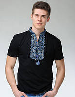 Мужская вышиванка футболка с вышивкой с коротким рукавом черная с синим модная мужская украинская вышиванка