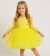 Дитяче фатинове пишне плаття для дівчинки з горошками з флока жовтого кольору р. 74-152