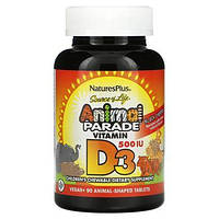 Витамин Д3 аромат черной вишни Nature's Plus (Source of Life Animal Parade,Vitamin D3 Black Cherry) 500 МЕ 90