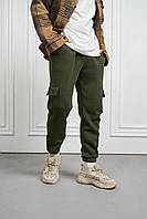 Мужские зимние спортивные штаны зеленого цвета флисовые с карманами: теплые, повседневные и качественные