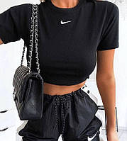 Женская укороченная футболка, стильный топ найк, качественный кроп топ, черный, S-XXL